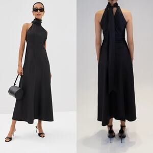 New NWT Azeeza Faye Poplin Halter Midi Dress in Black Size Small